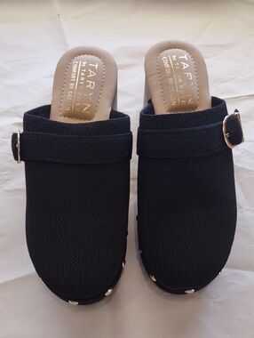 Taryn Rose Black Textured Slip-On Clog Mules with Gold Buckle